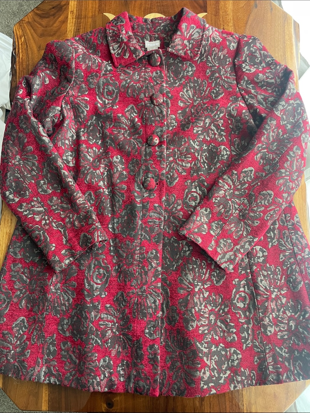 Chico’s Coat Jacquard Floral Tapestry Red Silver Metallic